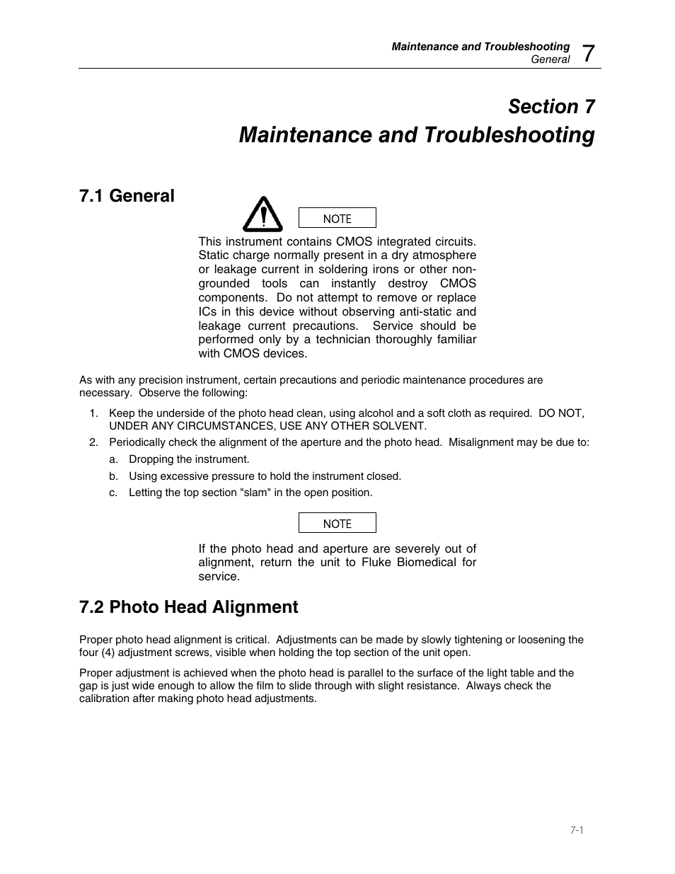 Maintenance and troubleshooting, 1 general, 2 photo head alignment | Fluke Biomedical 07-444 User Manual | Page 43 / 46