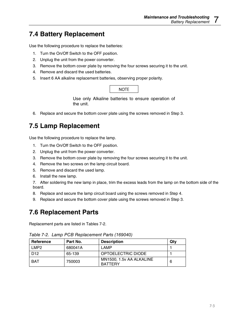 4 battery replacement, 5 lamp replacement, 6 replacement parts | Fluke Biomedical 07-444 User Manual | Page 45 / 46