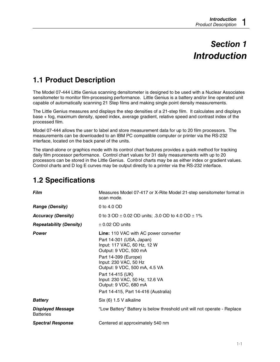 Introduction, 1 product description, 2 specifications | Fluke Biomedical 07-444 User Manual | Page 5 / 46