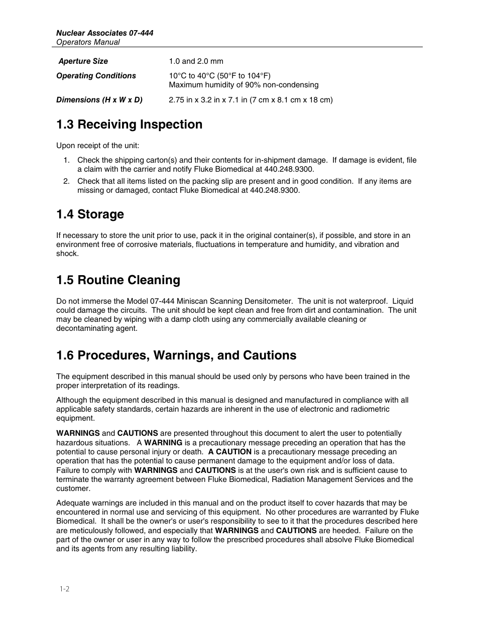 3 receiving inspection, 4 storage, 5 routine cleaning | 6 procedures, warnings, and cautions | Fluke Biomedical 07-444 User Manual | Page 6 / 46