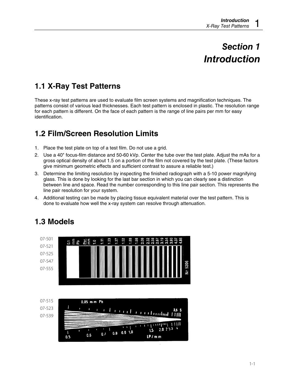 Introduction, 1 x-ray test patterns, 2 film/screen resolution limits | 3 models | Fluke Biomedical 07-501 User Manual | Page 5 / 8