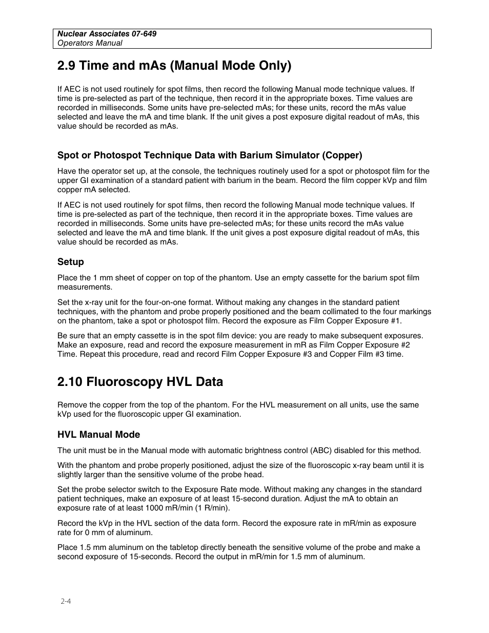 9 time and mas (manual mode only), 10 fluoroscopy hvl data | Fluke Biomedical 07-649 User Manual | Page 10 / 14