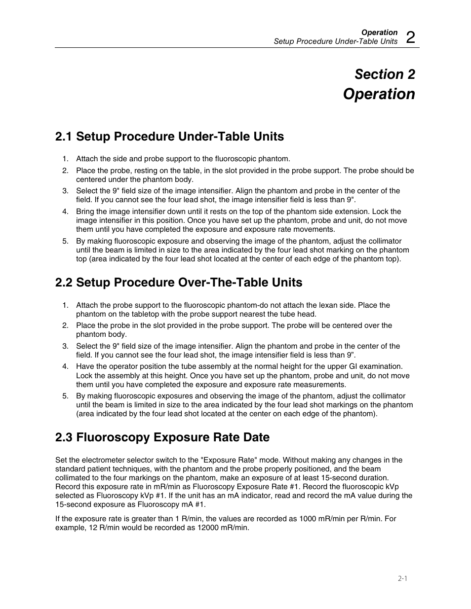 Operation, 1 setup procedure under-table units, 2 setup procedure over-the-table units | 3 fluoroscopy exposure rate date | Fluke Biomedical 07-649 User Manual | Page 7 / 14