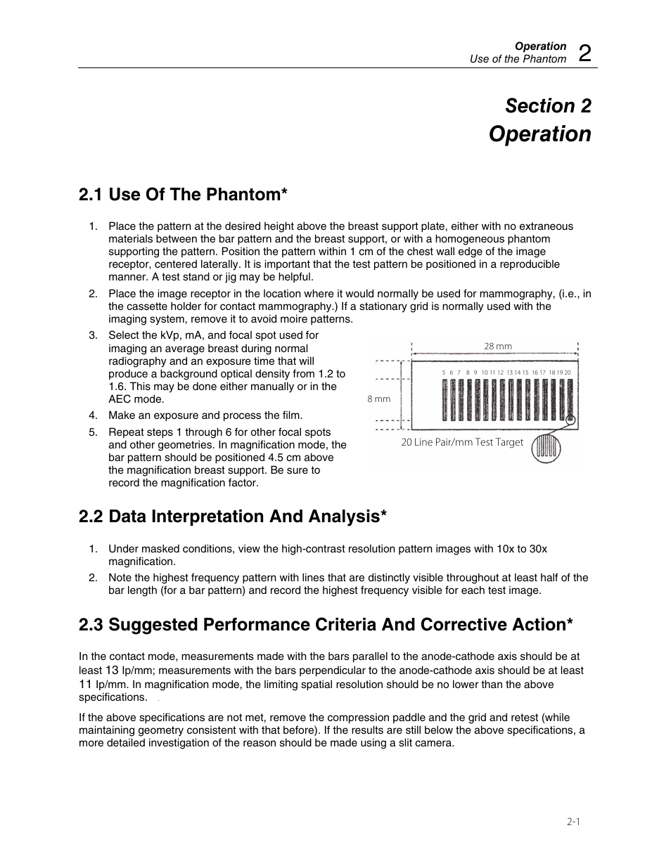Operation, 1 use of the phantom, 2 data interpretation and analysis | Fluke Biomedical 18-216 User Manual | Page 7 / 10