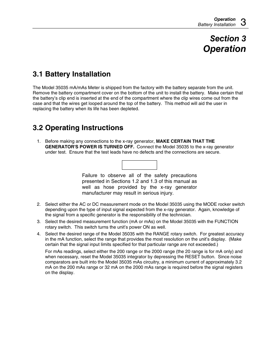 Operation, 1 battery installation, 2 operating instructions | Fluke Biomedical 35035 User Manual | Page 11 / 19