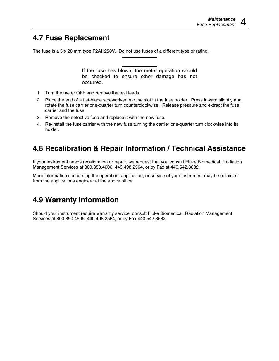 7 fuse replacement, 9 warranty information | Fluke Biomedical 35035 User Manual | Page 17 / 19