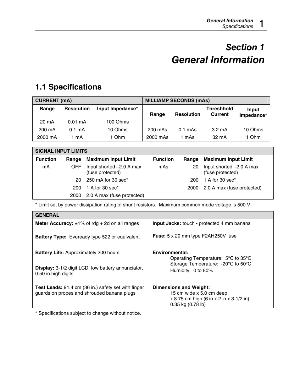 General information, 1 specifications | Fluke Biomedical 35035 User Manual | Page 5 / 19