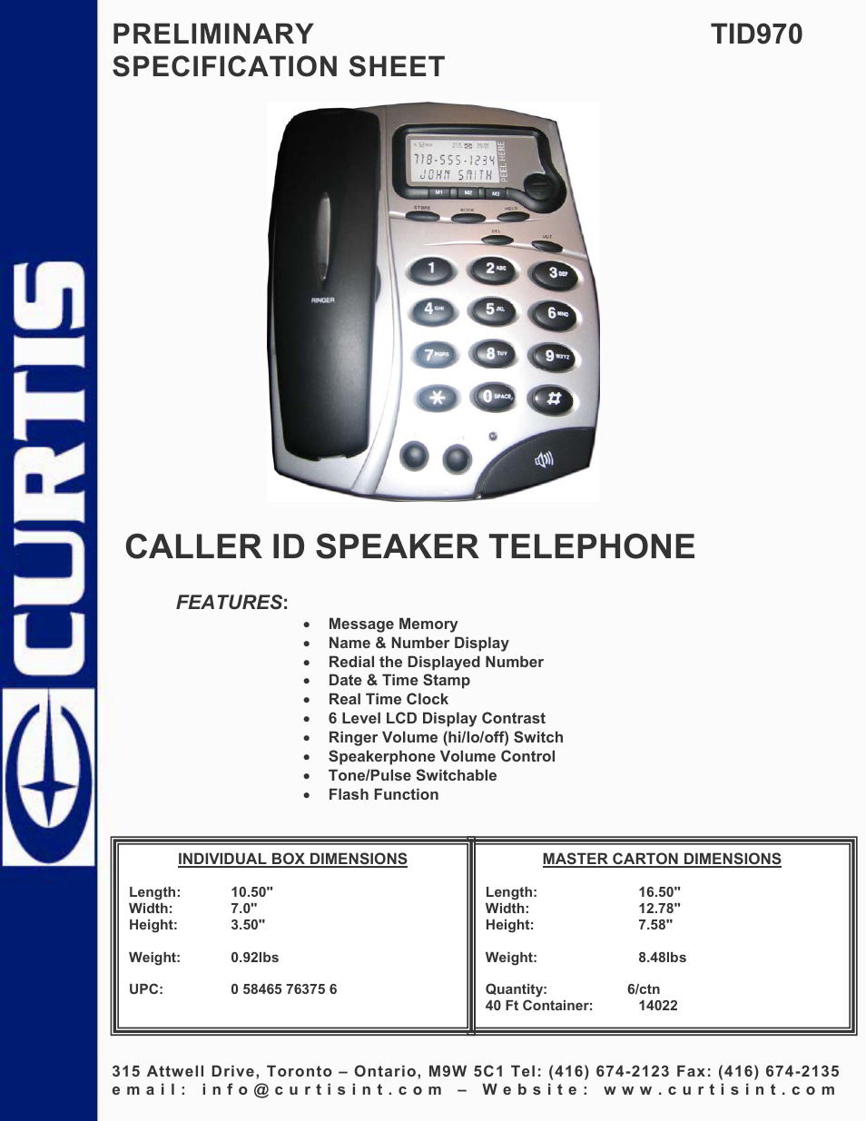 Curtis TID970 User Manual | 1 page