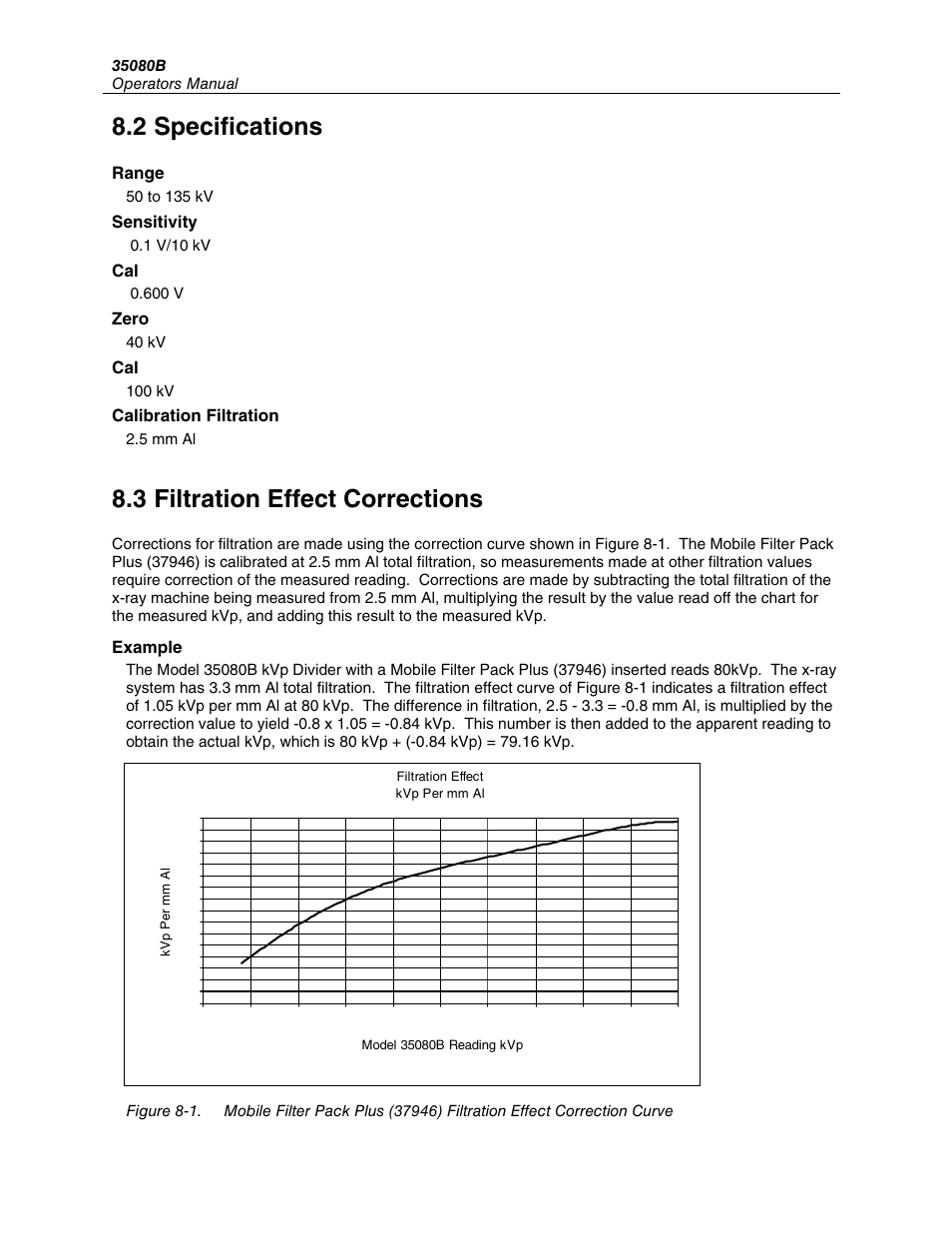 2 specifications, 3 filtration effect corrections, Range | Sensitivity, Zero, Calibration filtration, Example | Fluke Biomedical 35080B User Manual | Page 42 / 70