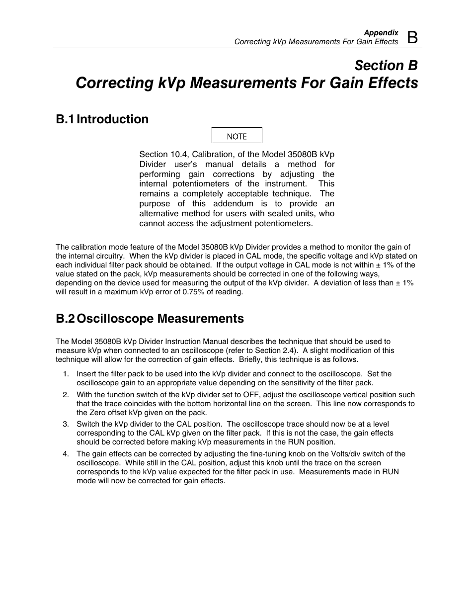 Correcting kvp measurements for gain effects, B.1 introduction, B.2 oscilloscope measurements | Fluke Biomedical 35080B User Manual | Page 61 / 70