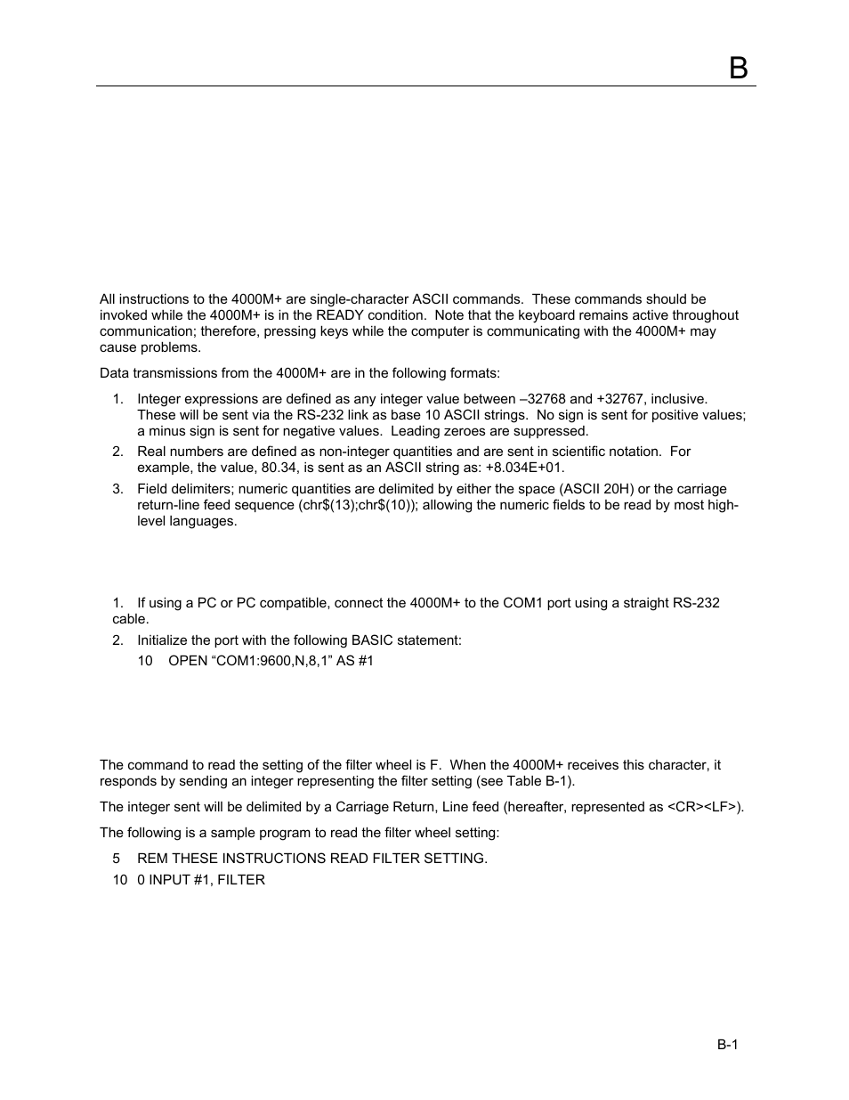 Appendix b, Model 4000m+ communication protocol, B.1 data formats | B.2 setting up for operation, B.3 the commands | Fluke Biomedical 4000M+ User Manual | Page 35 / 52