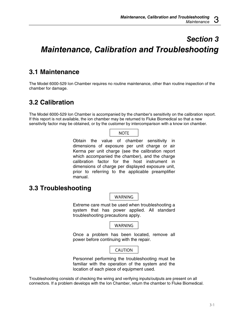 Maintenance, calibration and troubleshooting, 1 maintenance, 2 calibration | 3 troubleshooting | Fluke Biomedical 6000-529 User Manual | Page 13 / 16