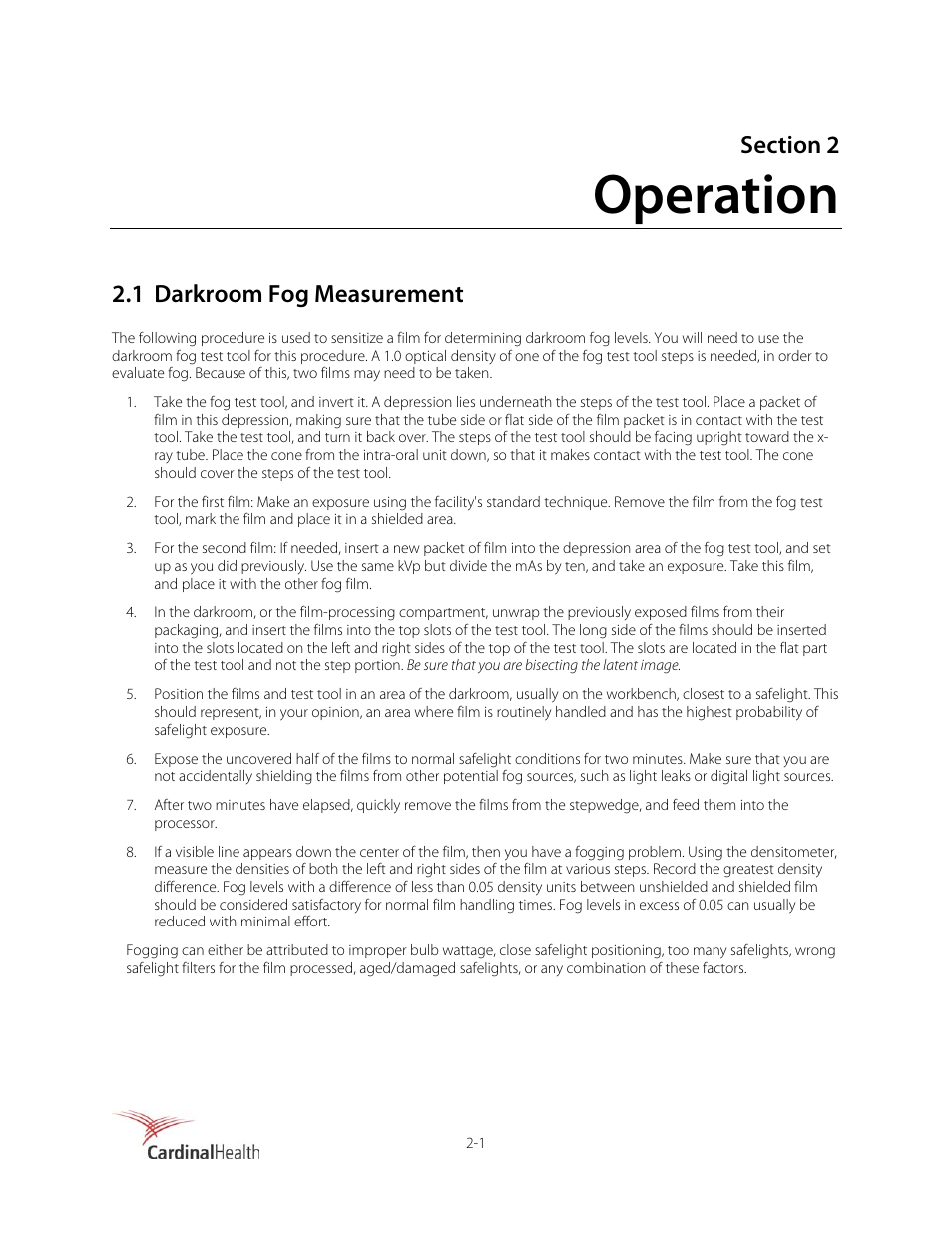 Operation, 1 darkroom fog measurement | Fluke Biomedical 76-025 User Manual | Page 7 / 10