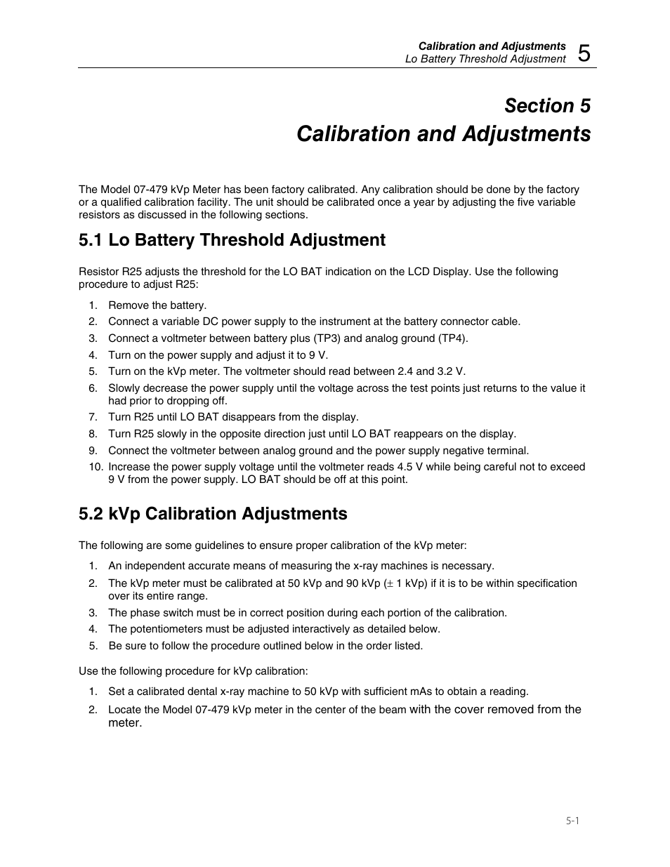 Calibration and adjustments, 1 lo battery threshold adjustment, 2 kvp calibration adjustments | Fluke Biomedical 07-479 User Manual | Page 15 / 18