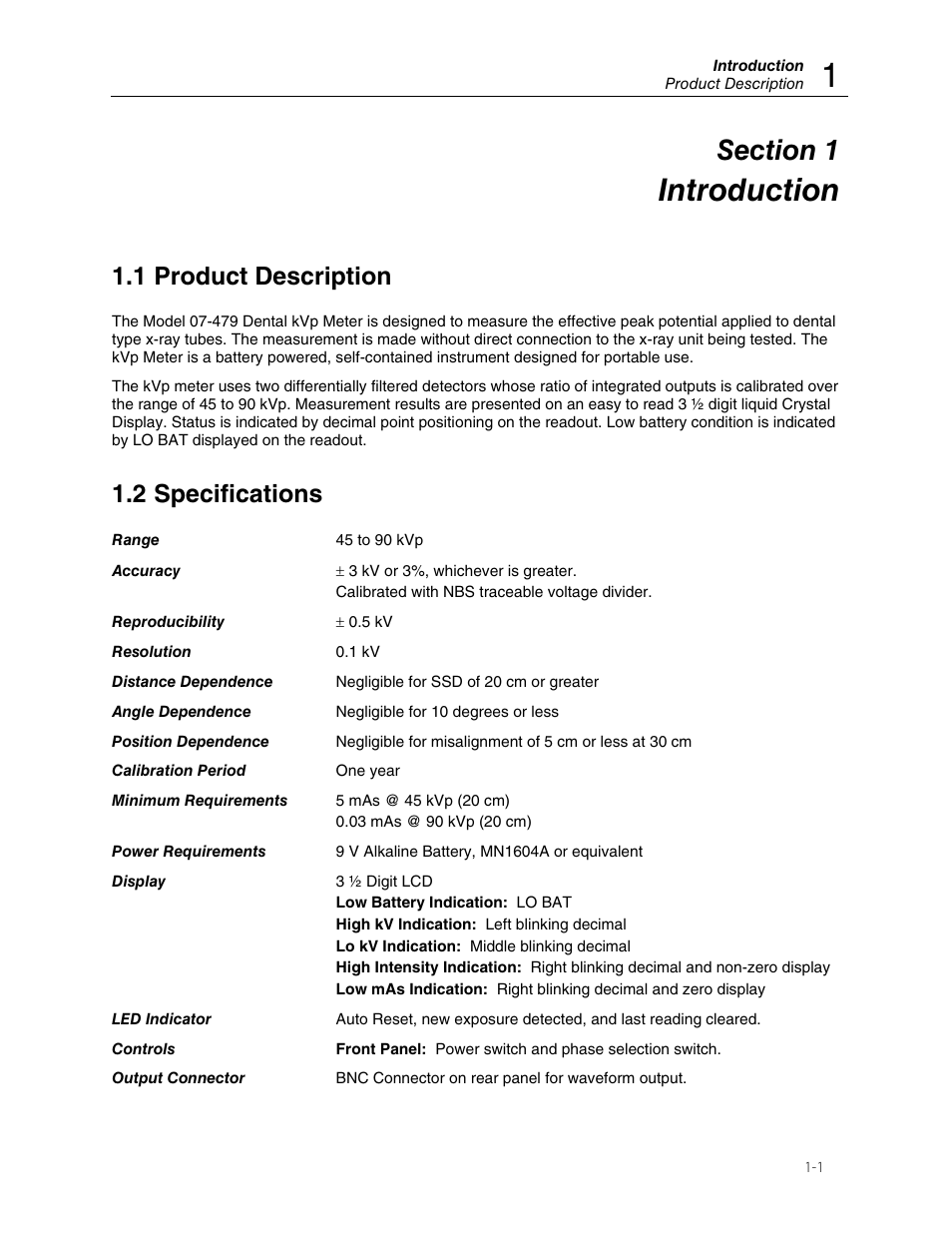 Introduction, 1 product description, 2 specifications | Fluke Biomedical 07-479 User Manual | Page 5 / 18