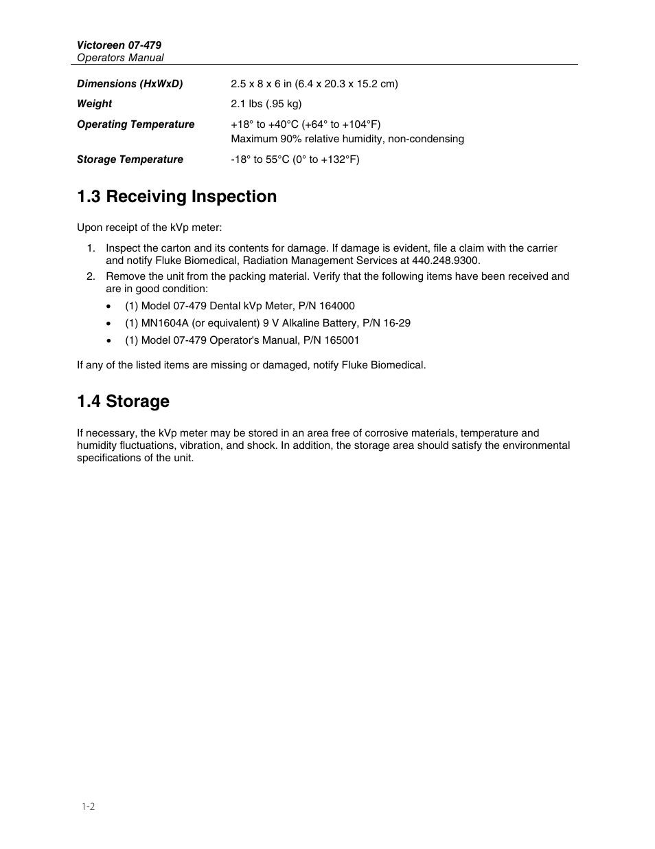 3 receiving inspection, 4 storage | Fluke Biomedical 07-479 User Manual | Page 6 / 18