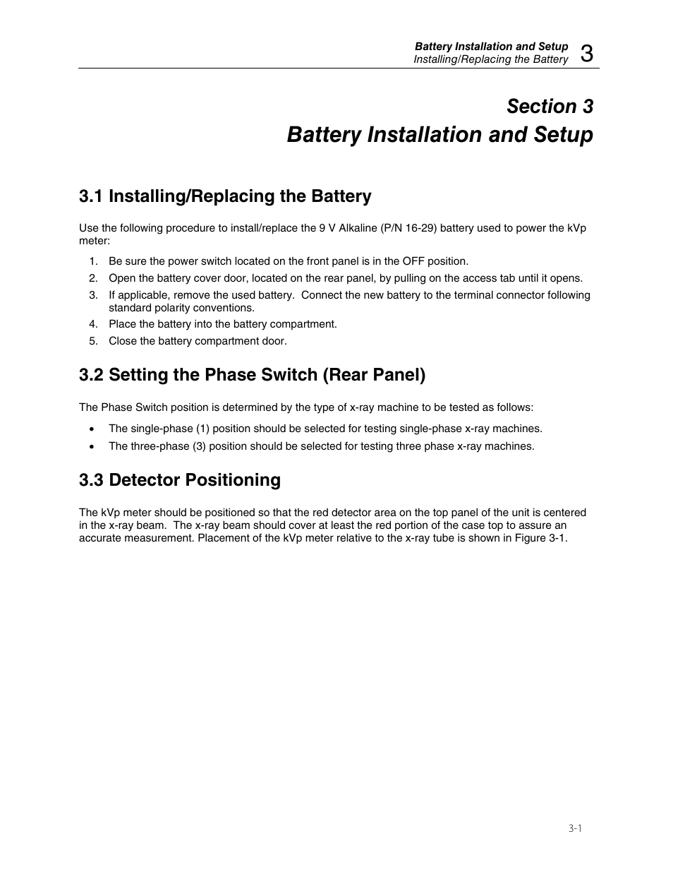 Battery installation and setup, 1 installing/replacing the battery, 2 setting the phase switch (rear panel) | 3 detector positioning | Fluke Biomedical 07-492 User Manual | Page 11 / 20