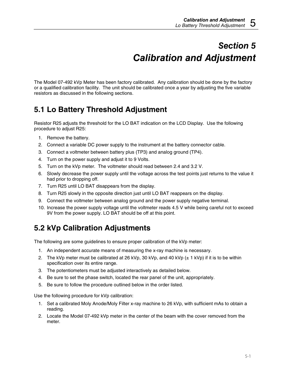 Calibration and adjustment, 1 lo battery threshold adjustment, 2 kvp calibration adjustments | Fluke Biomedical 07-492 User Manual | Page 17 / 20