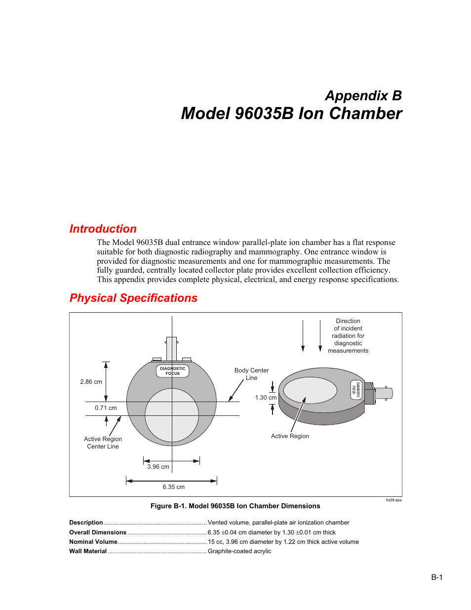 B. model 96035b ion chamber, Introduction, Physical specifications | Appendix b | Fluke Biomedical TNT 12000 User Manual | Page 103 / 138