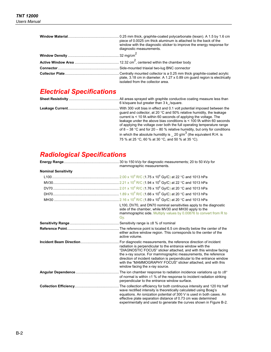 Electrical specifications, Radiological specifications | Fluke Biomedical TNT 12000 User Manual | Page 104 / 138