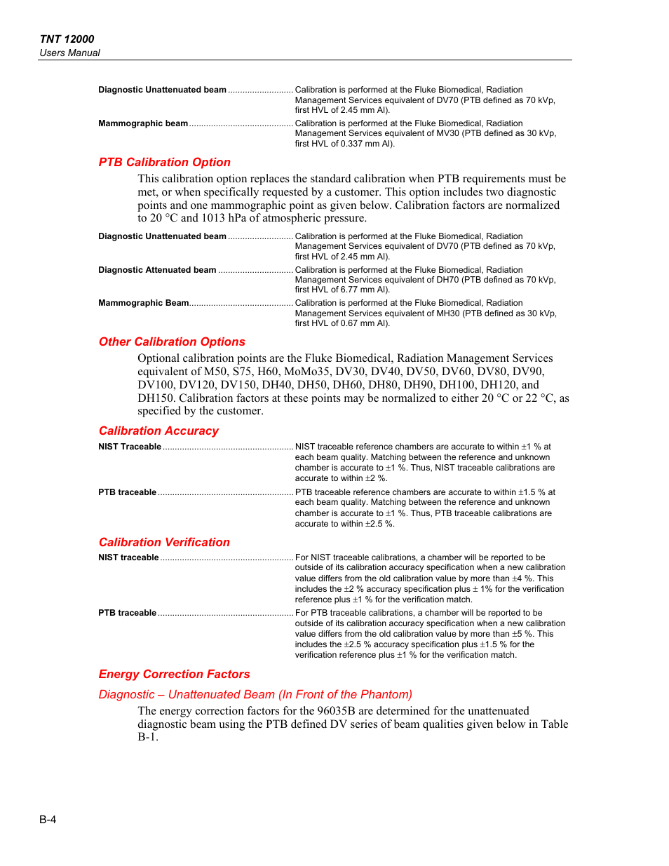 Ptb calibration option, Other calibration options, Calibration accuracy | Calibration verification, Energy correction factors | Fluke Biomedical TNT 12000 User Manual | Page 106 / 138