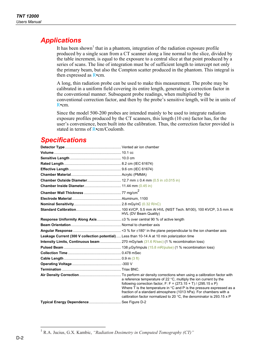 Applications, Specifications | Fluke Biomedical TNT 12000 User Manual | Page 118 / 138