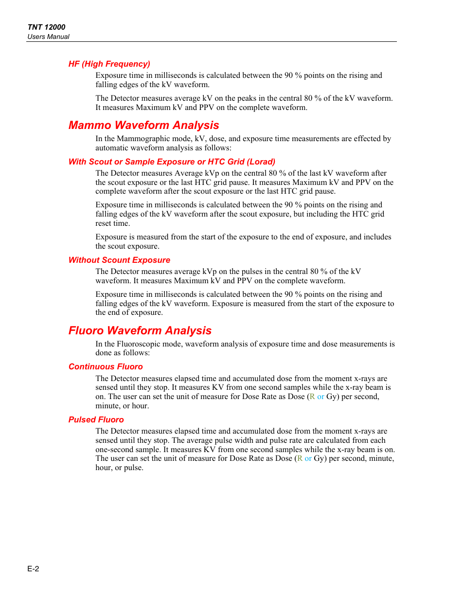 Hf (high frequency), Mammo waveform analysis, With scout or sample exposure or htc grid (lorad) | Without scount exposure, Fluoro waveform analysis, Continuous fluoro, Pulsed fluoro | Fluke Biomedical TNT 12000 User Manual | Page 122 / 138