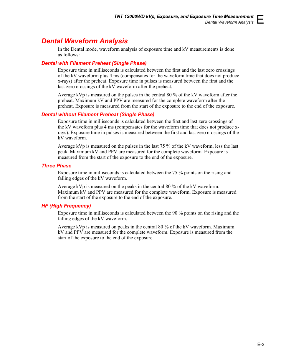 Dental waveform analysis, Dental with filament preheat (single phase), Dental without filament preheat (single phase) | Three phase, Hf (high frequency) | Fluke Biomedical TNT 12000 User Manual | Page 123 / 138