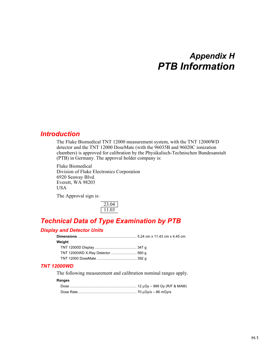 H. ptb information, Introduction, Technical data of type examination by ptb | Display and detector units, Tnt 12000wd, Ptb information, Appendix h | Fluke Biomedical TNT 12000 User Manual | Page 133 / 138