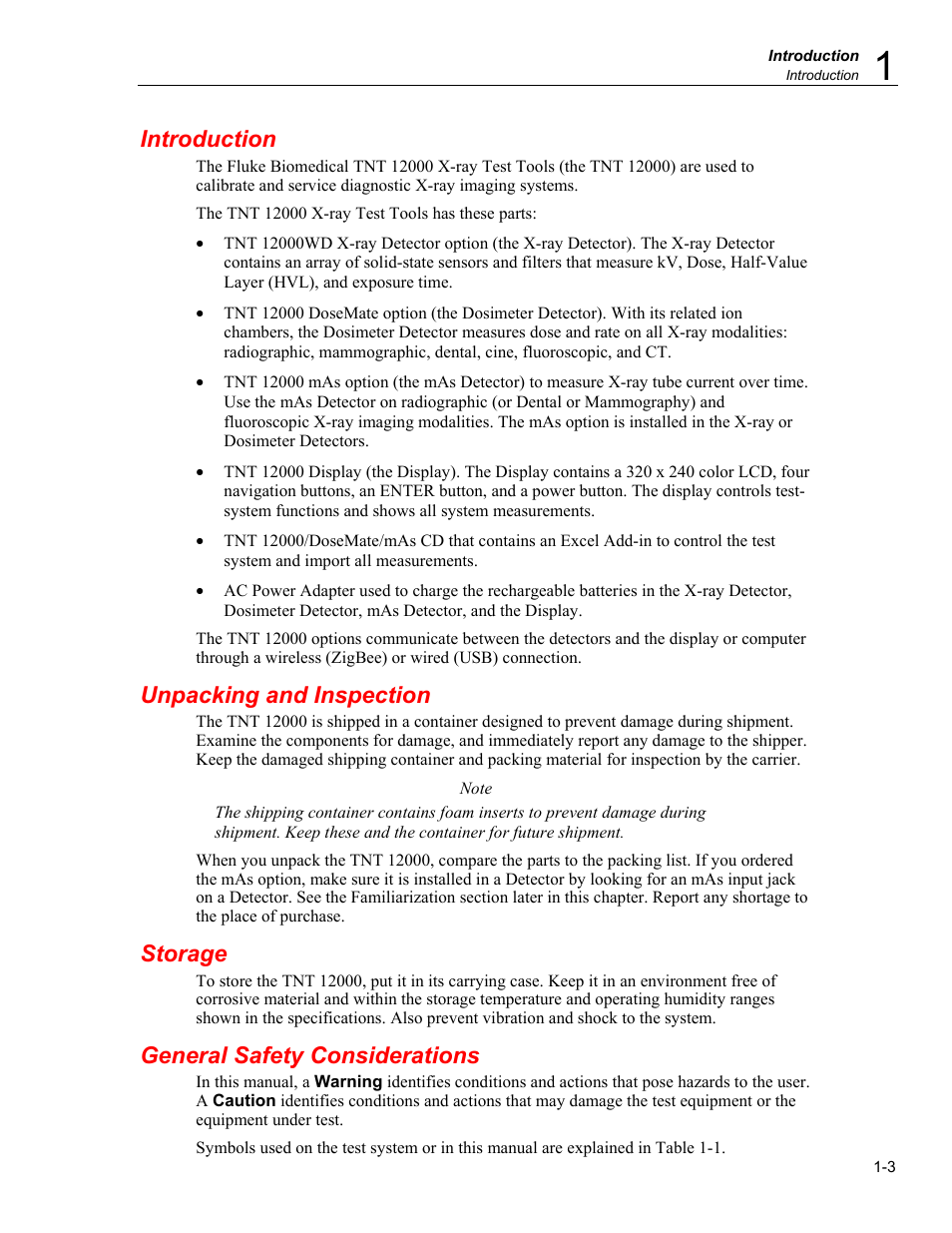 Introduction, Unpacking and inspection, Storage | General safety considerations, Unpacking and inspection -3 | Fluke Biomedical TNT 12000 User Manual | Page 15 / 138