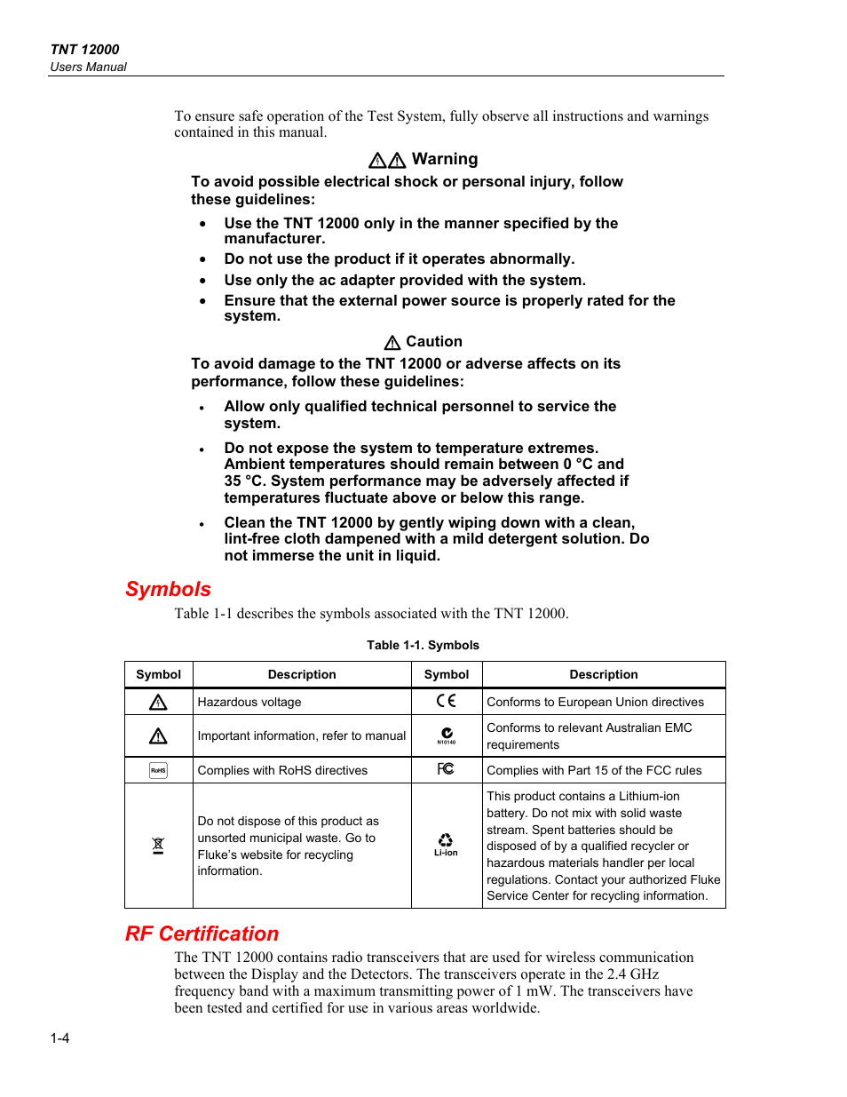 Symbols, Rf certification | Fluke Biomedical TNT 12000 User Manual | Page 16 / 138