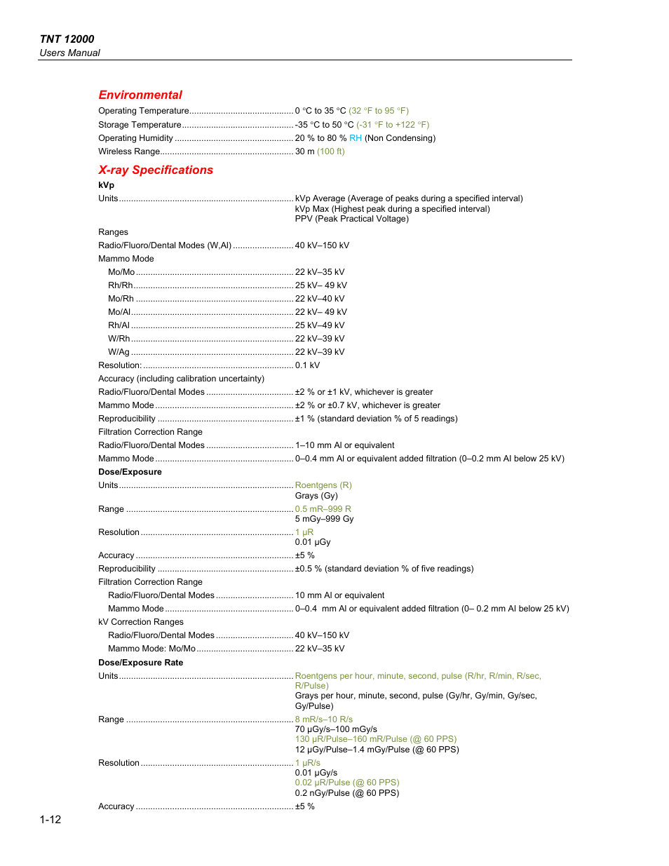 Environmental, X-ray specifications | Fluke Biomedical TNT 12000 User Manual | Page 24 / 138