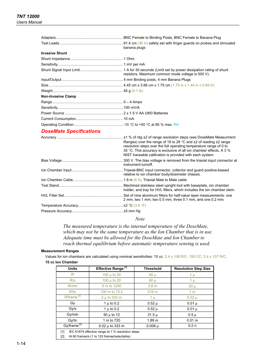 Dosemate specifications | Fluke Biomedical TNT 12000 User Manual | Page 26 / 138