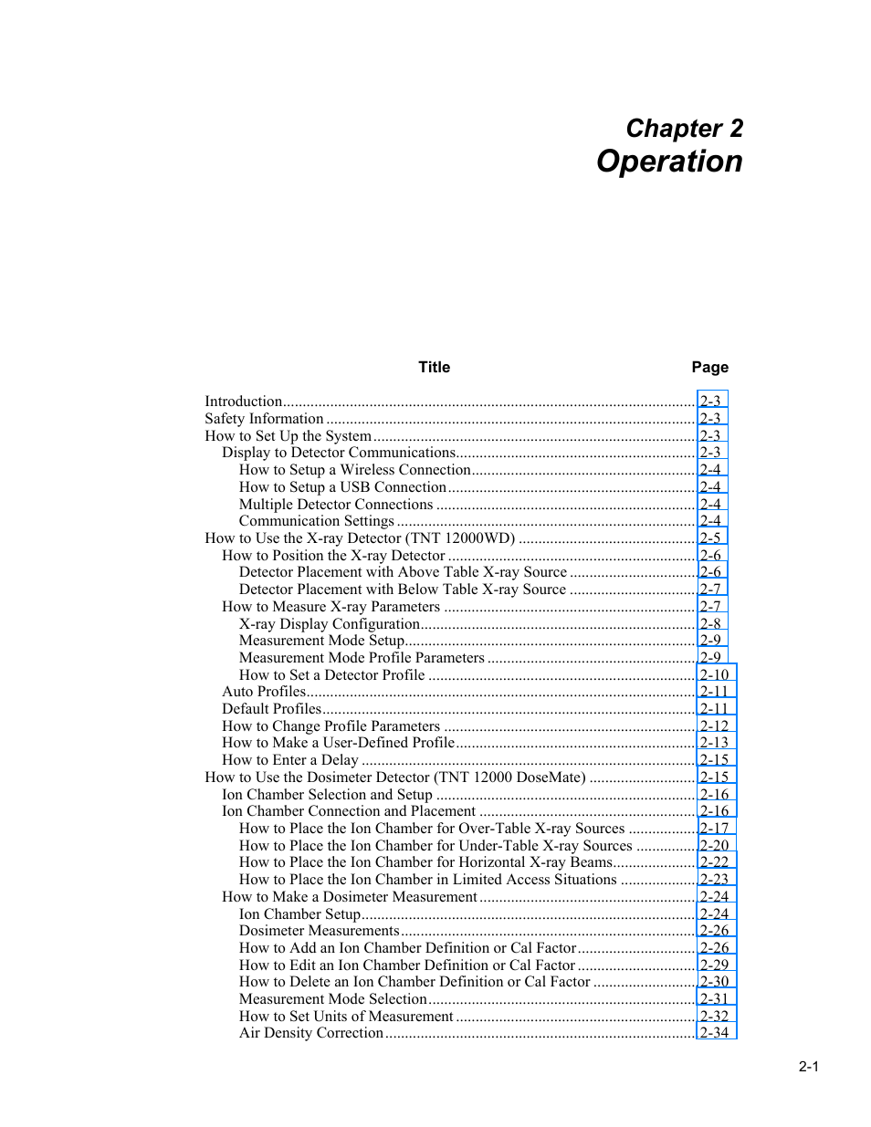 Operation, Chapter 2 | Fluke Biomedical TNT 12000 User Manual | Page 29 / 138