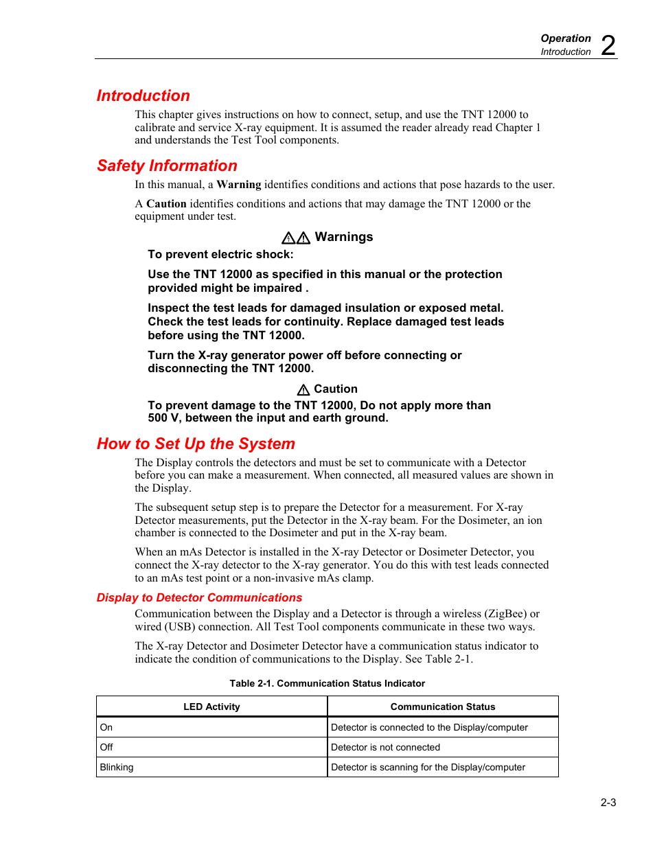 Introduction, Safety information, How to set up the system | Display to detector communications | Fluke Biomedical TNT 12000 User Manual | Page 31 / 138