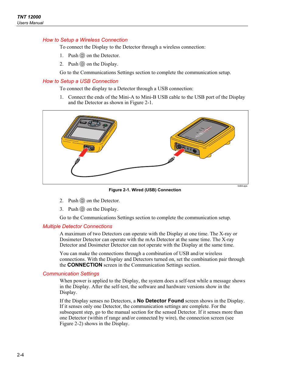 How to setup a wireless connection, How to setup a usb connection, Multiple detector connections | Communication settings | Fluke Biomedical TNT 12000 User Manual | Page 32 / 138