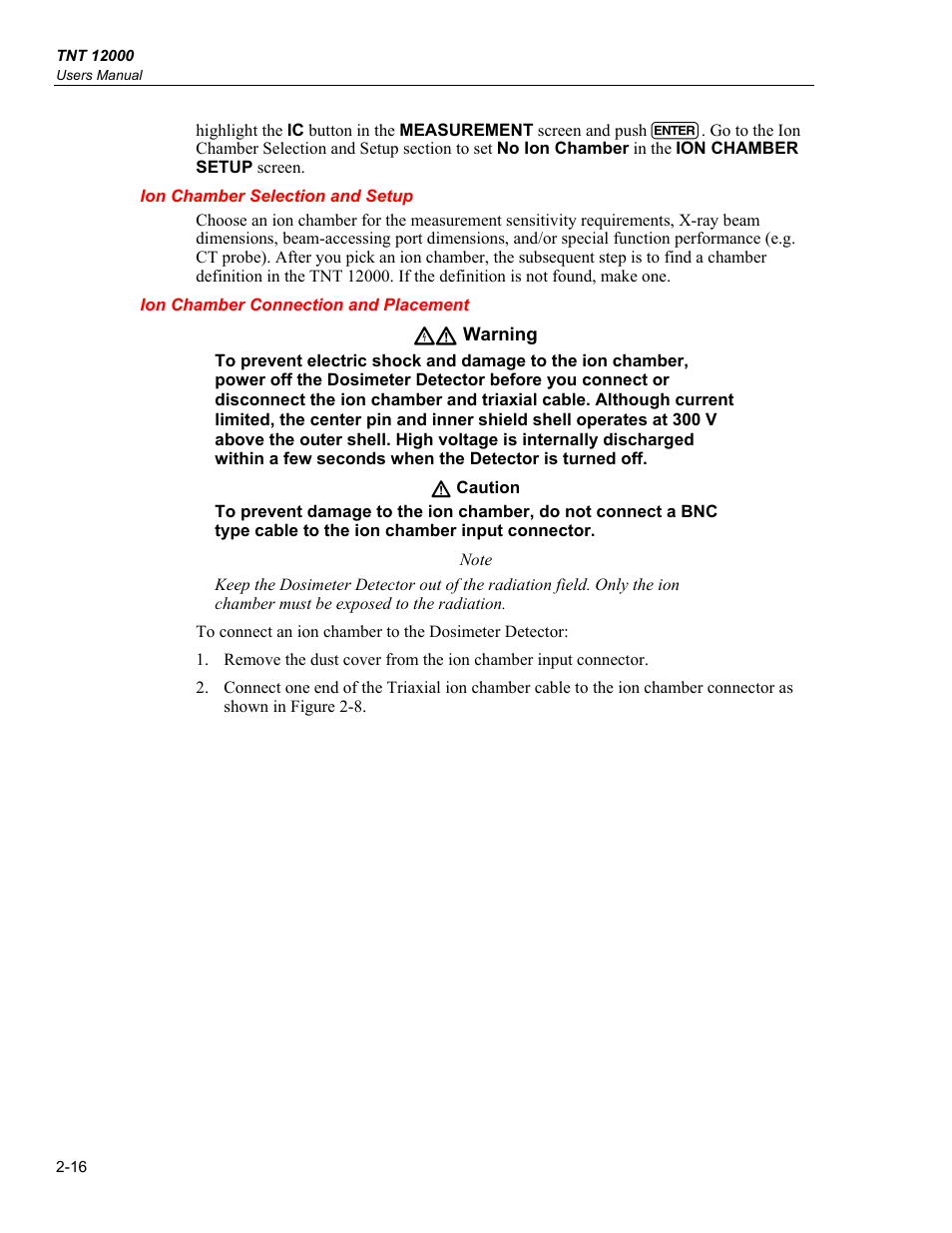 Ion chamber selection and setup, Ion chamber connection and placement | Fluke Biomedical TNT 12000 User Manual | Page 44 / 138