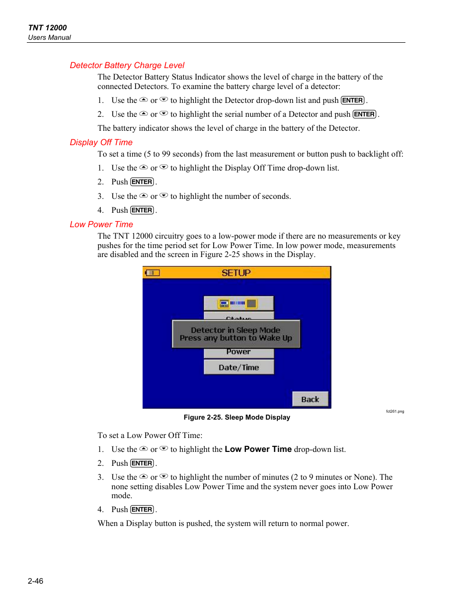 Detector battery charge level, Display off time, Low power time | Fluke Biomedical TNT 12000 User Manual | Page 74 / 138