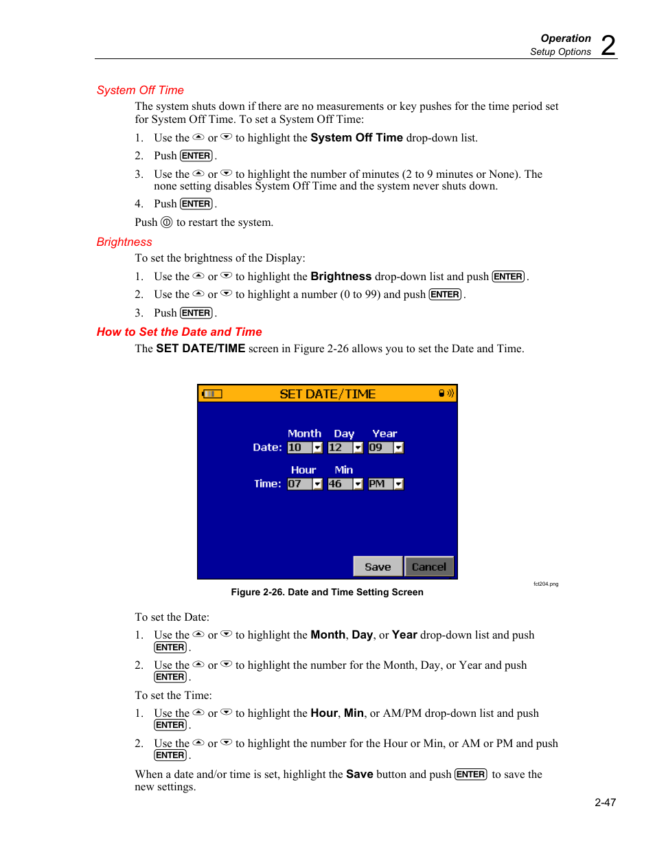 System off time, Brightness, How to set the date and time | How to set the date and time -47 | Fluke Biomedical TNT 12000 User Manual | Page 75 / 138