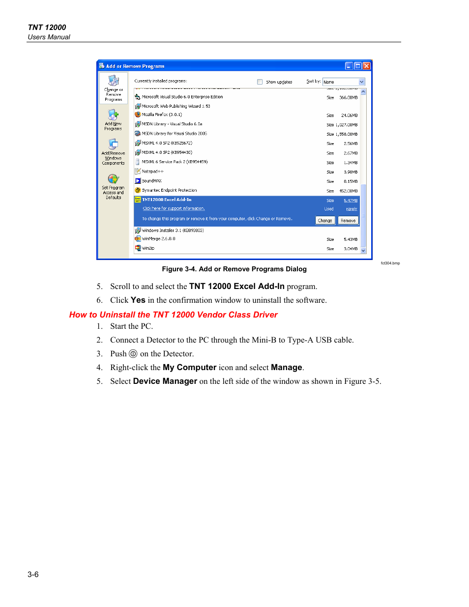 How to uninstall the tnt 12000 vendor class driver | Fluke Biomedical TNT 12000 User Manual | Page 82 / 138