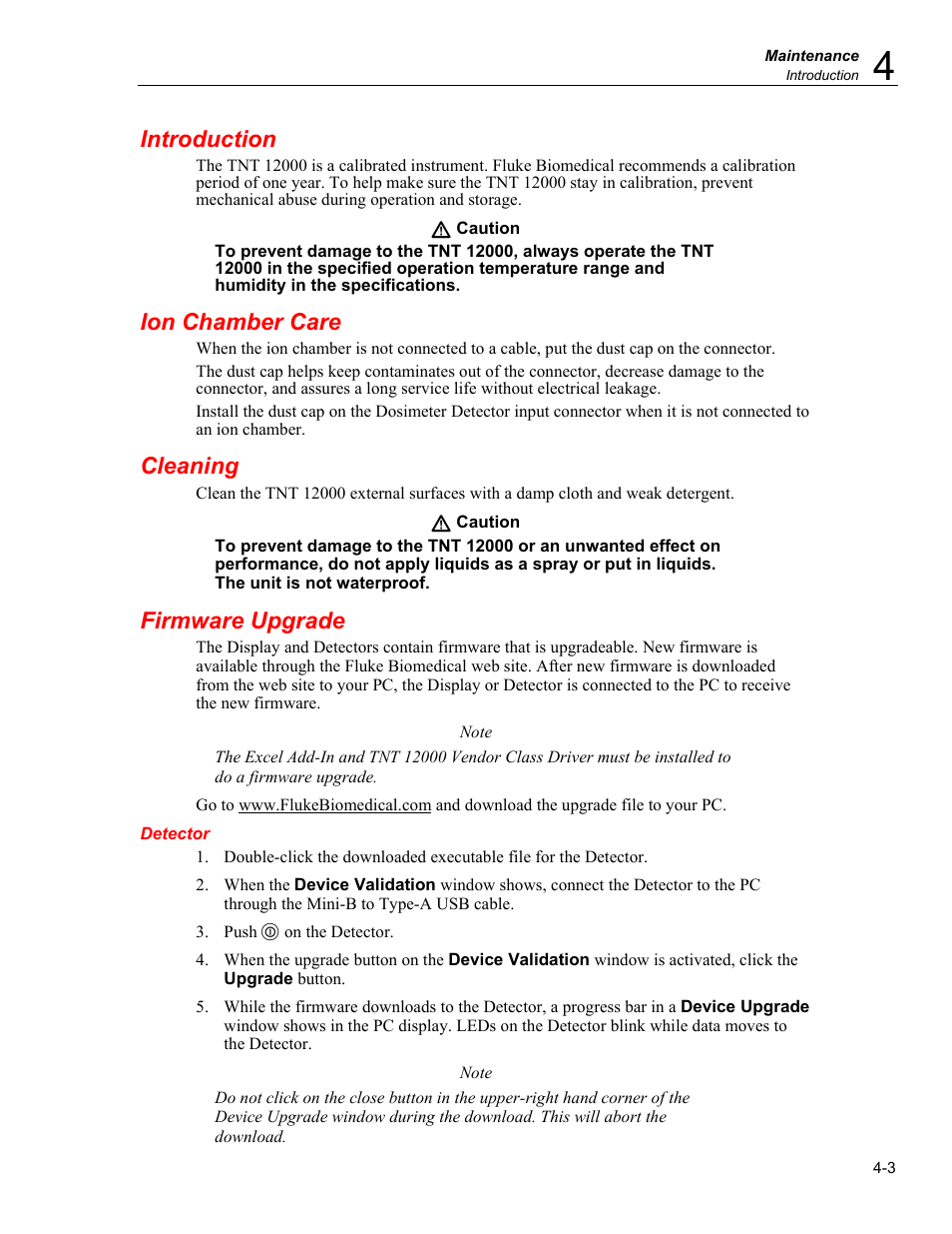 Introduction, Ion chamber care, Cleaning | Firmware upgrade, Detector | Fluke Biomedical TNT 12000 User Manual | Page 93 / 138
