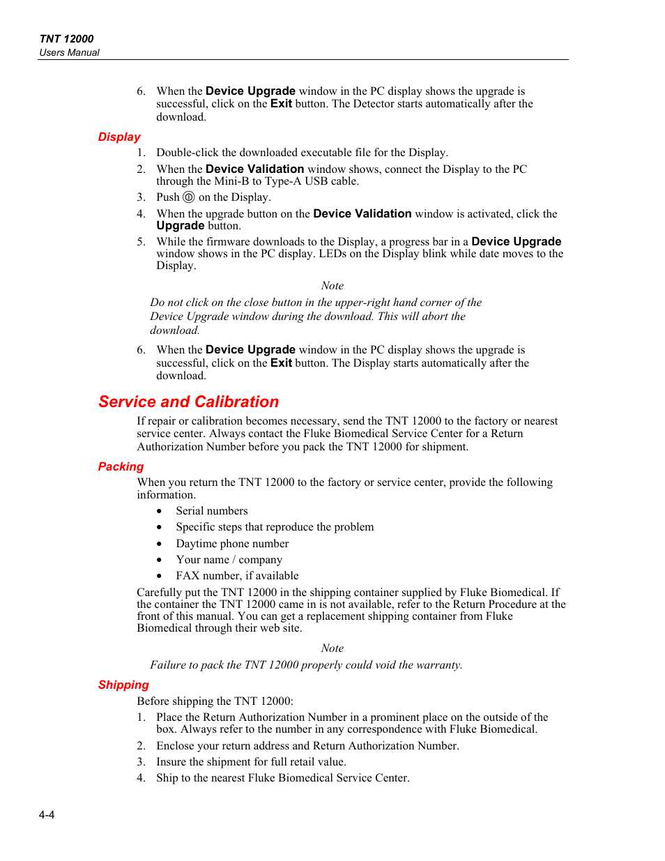 Display, Service and calibration, Packing | Shipping | Fluke Biomedical TNT 12000 User Manual | Page 94 / 138