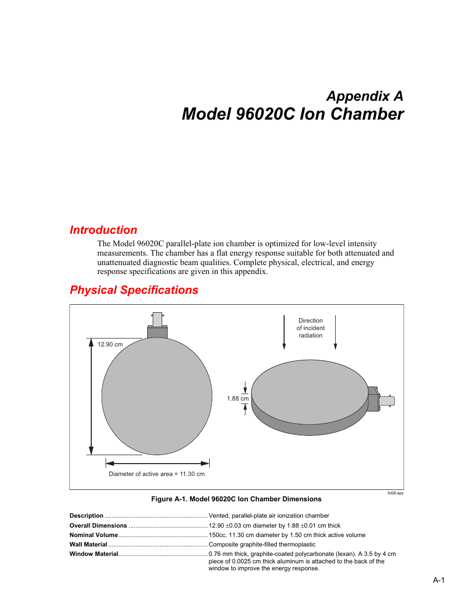 Appendices, A. model 96020c ion chamber, Introduction | Physical specifications, Appendix a | Fluke Biomedical TNT 12000 User Manual | Page 95 / 138