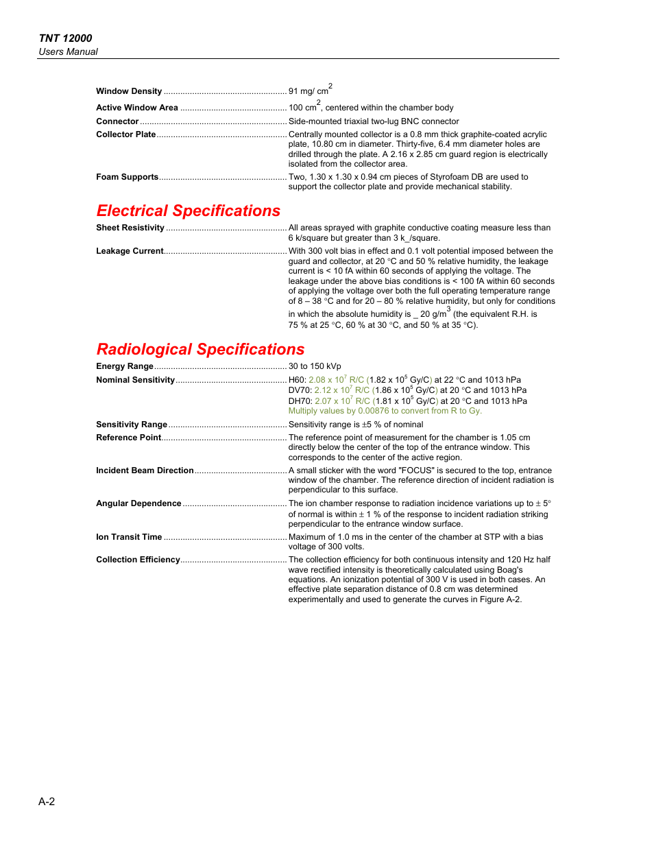 Electrical specifications, Radiological specifications | Fluke Biomedical TNT 12000 User Manual | Page 96 / 138