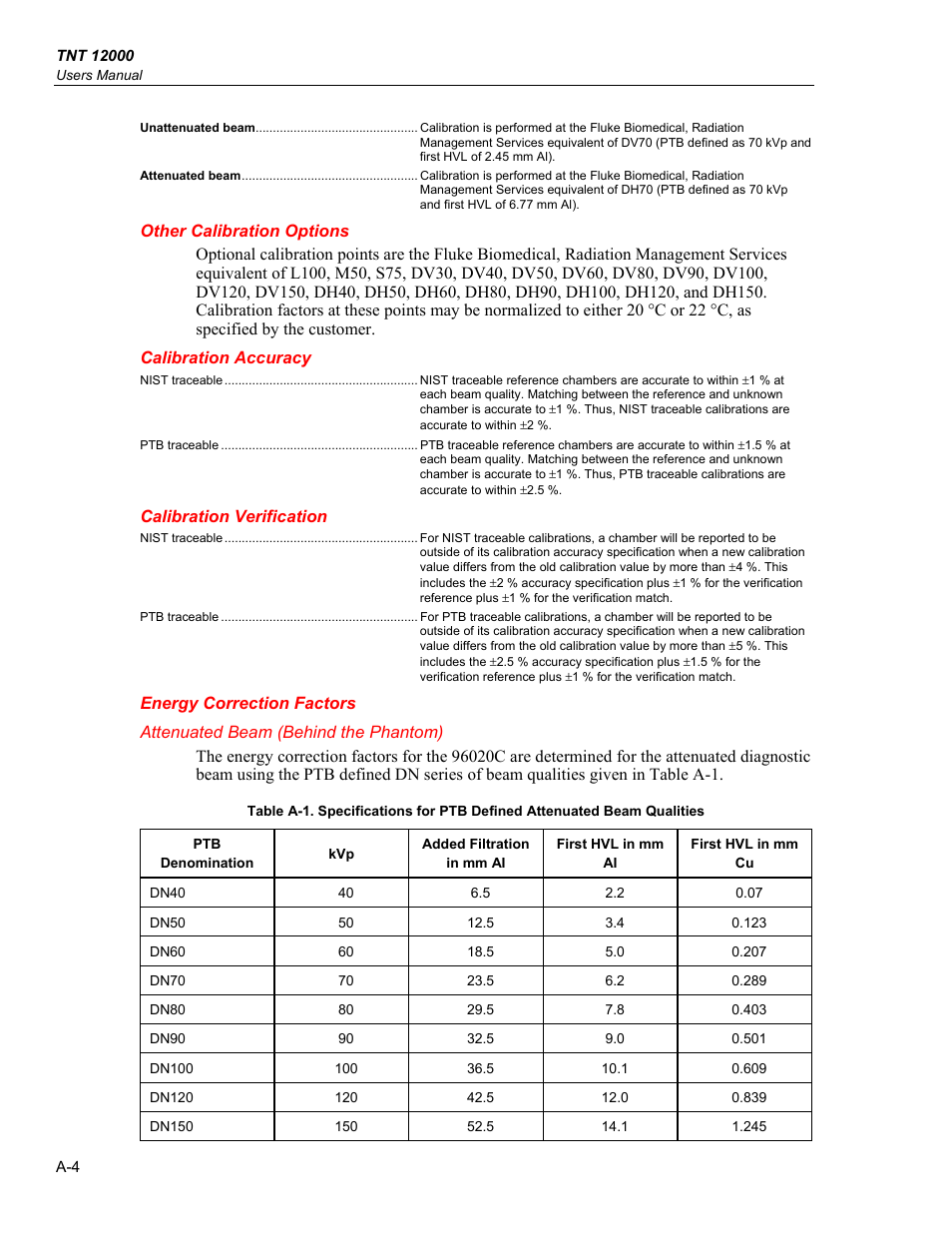 Other calibration options, Calibration accuracy, Calibration verification | Energy correction factors, Attenuated beam (behind the phantom) | Fluke Biomedical TNT 12000 User Manual | Page 98 / 138