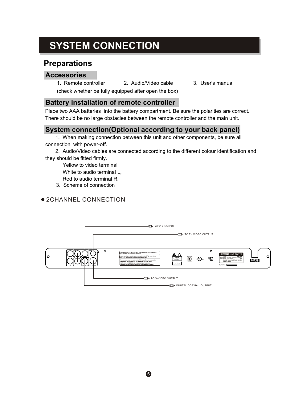 Т³гж 10, System connection, Preparations | Accessories, Battery installation of remote controller | Curtis DVD DVD1072 User Manual | Page 10 / 31