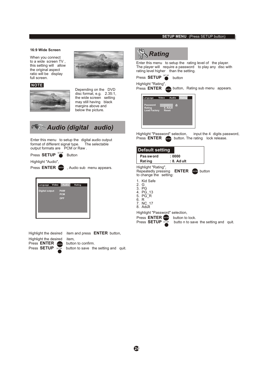 Т³гж 28, Audio (digital audio), Rating | Default setting | Curtis DVD DVD1072 User Manual | Page 28 / 31