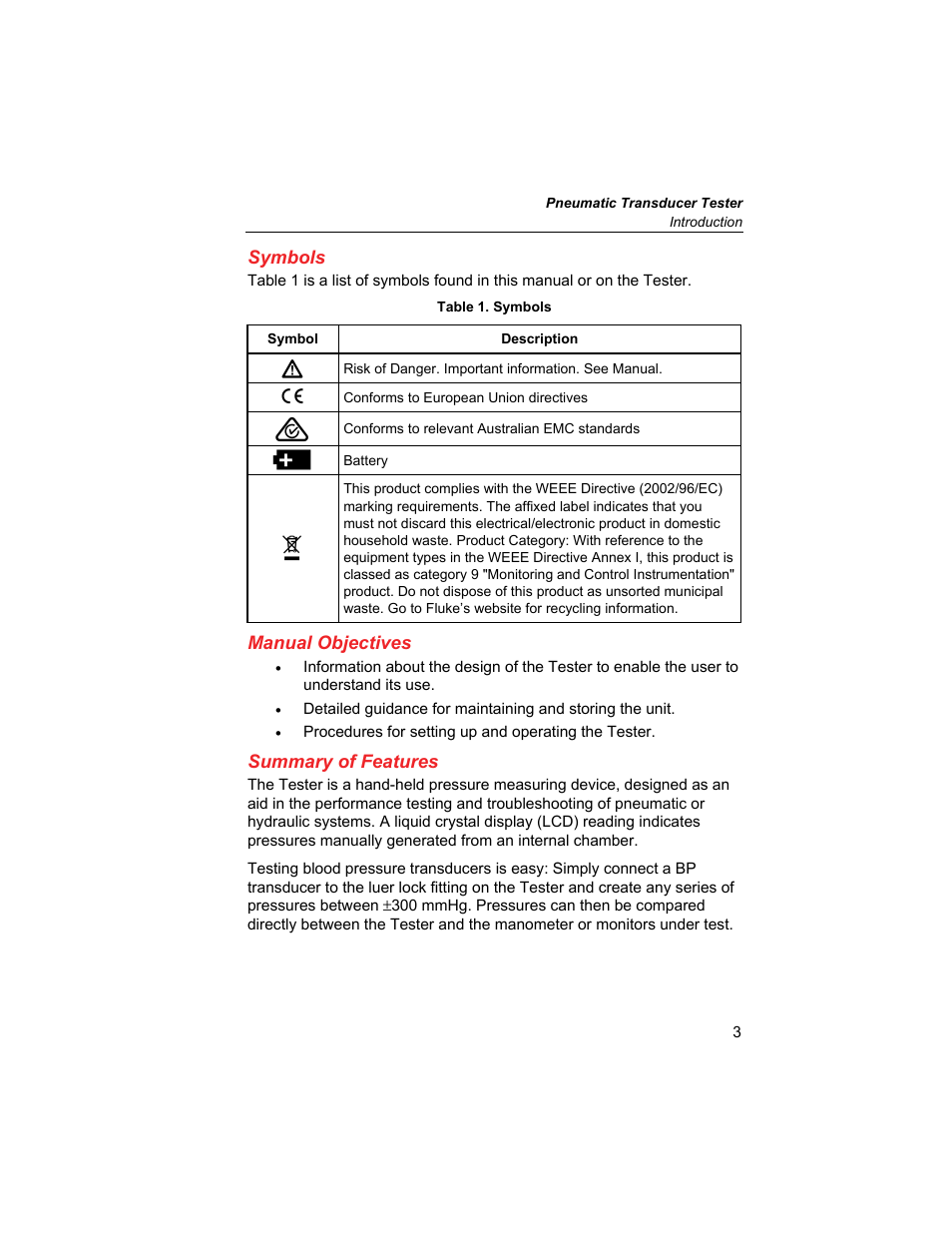 Symbols, Manual objectives, Summary of features | Fluke Biomedical DPM1B User Manual | Page 13 / 24