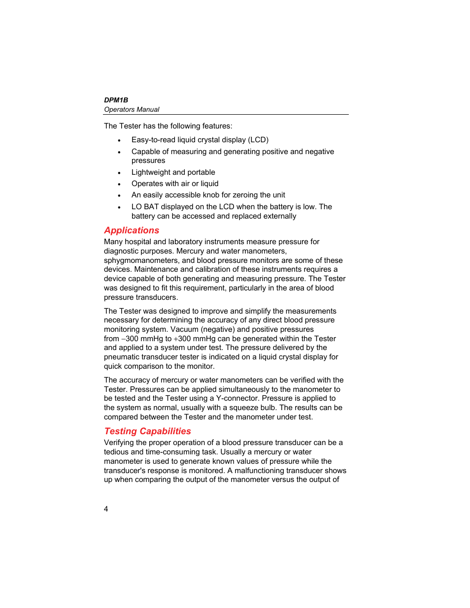 Applications, Testing capabilities | Fluke Biomedical DPM1B User Manual | Page 14 / 24