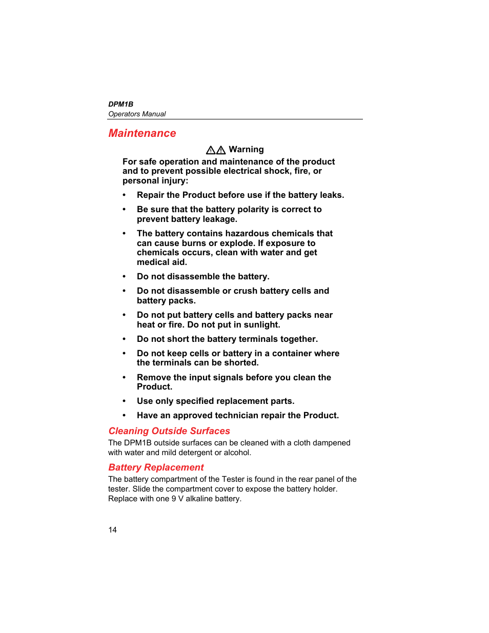 Maintenance, Cleaning outside surfaces, Battery replacement | Fluke Biomedical DPM1B User Manual | Page 24 / 24